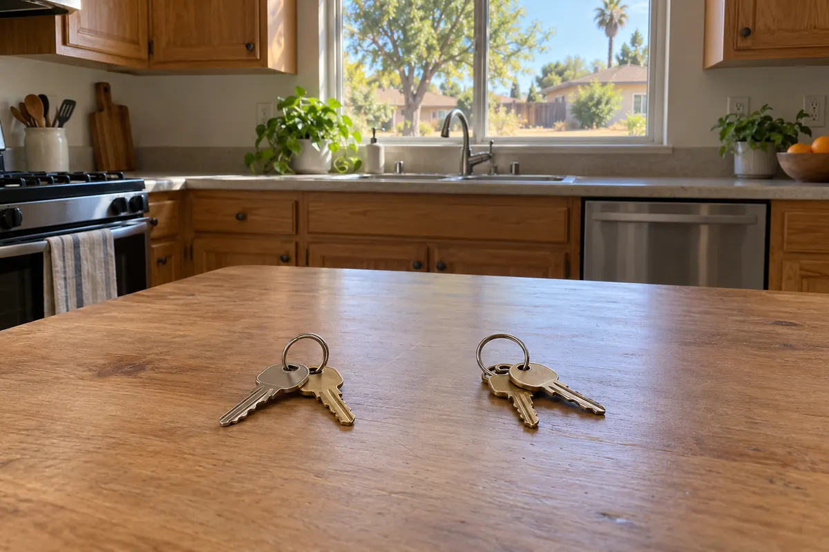 Two sets of house keys on a kitchen table