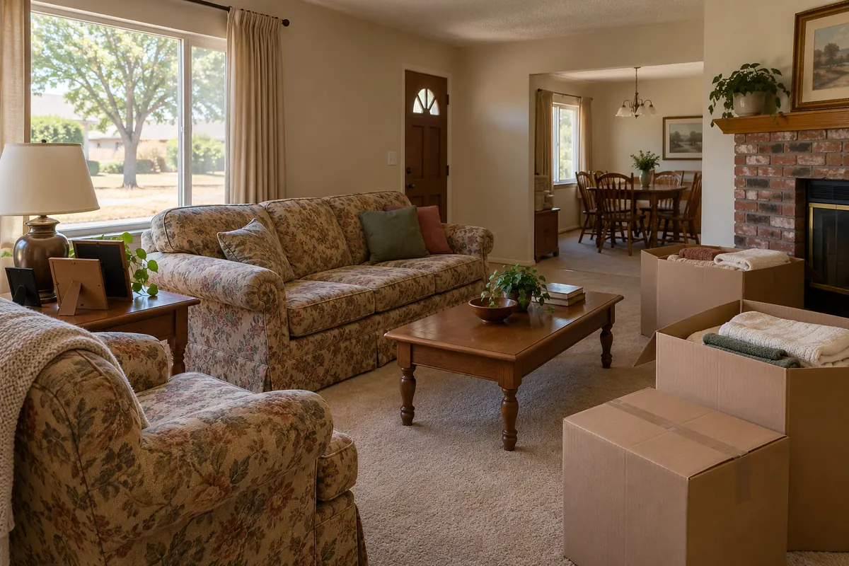 Living room of an older family home with a few packed boxes
