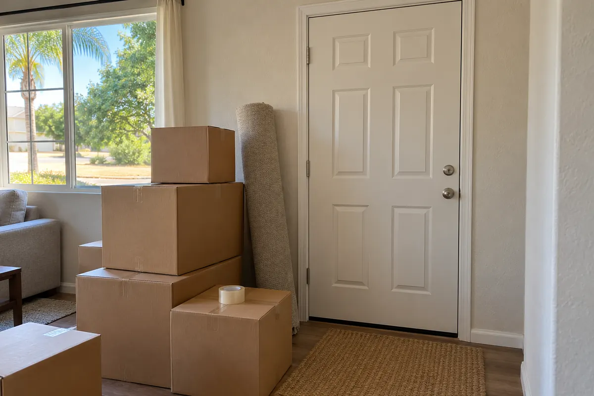 Moving boxes stacked by the front door of a house