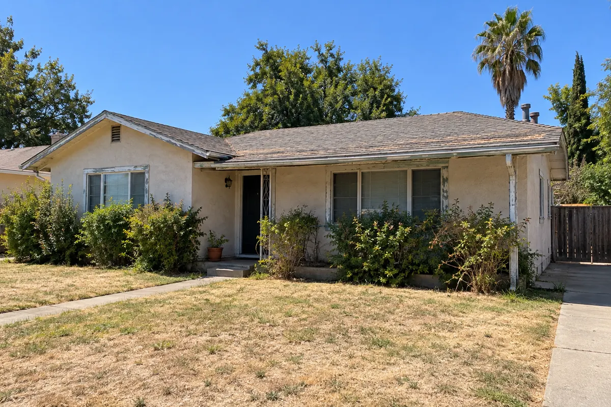 A house with peeling paint and worn roof shingles that needs repairs